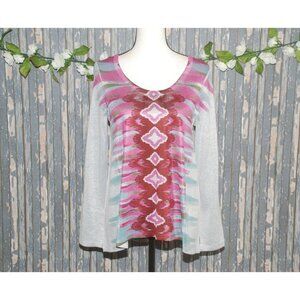 Latitude 10 Ladies Gray Pink & Red Knit Tunic Top Size S Studded Lattice Back Lo